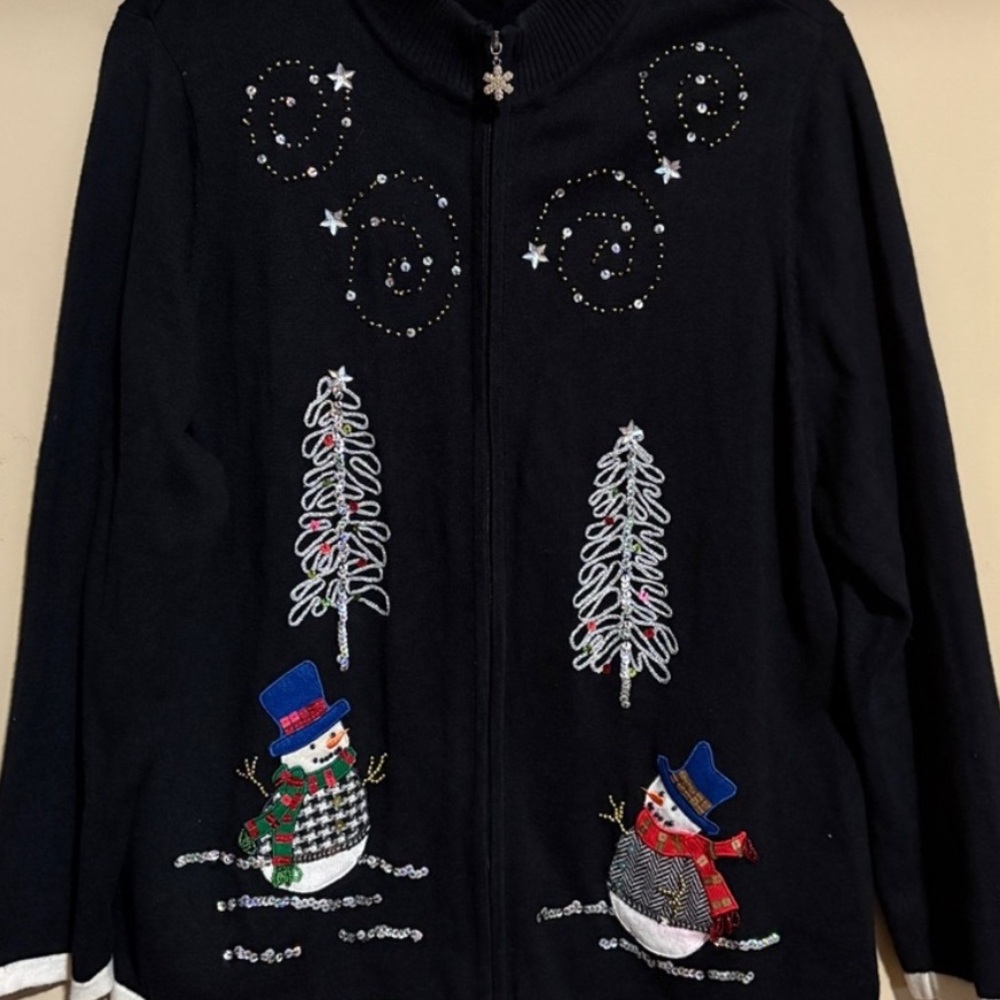 Christmas Holiday Sweater Zip Up Cardigan Snowman Embroidered Beaded Black XL
